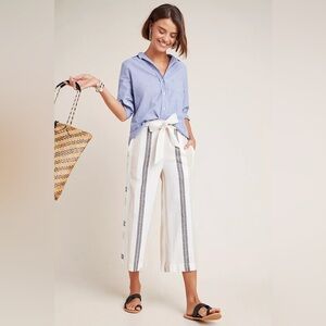 Anthropologie Shorebound Linen Blend Cropped Wide-Leg Pants S Striped Pockets